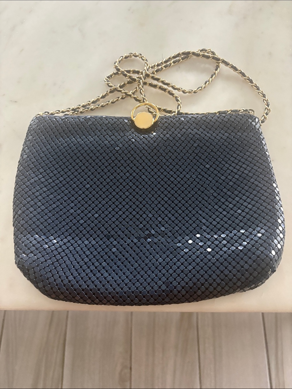 Navy Blue  Mesh Crossbody Bag with Gold and Blue Weaved Chain